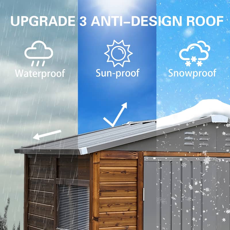 4x6 FT Wood Storage Shed with Metal Roof, Outdoor Garden Tool Shed with Double Doors, Windows and Ventilation