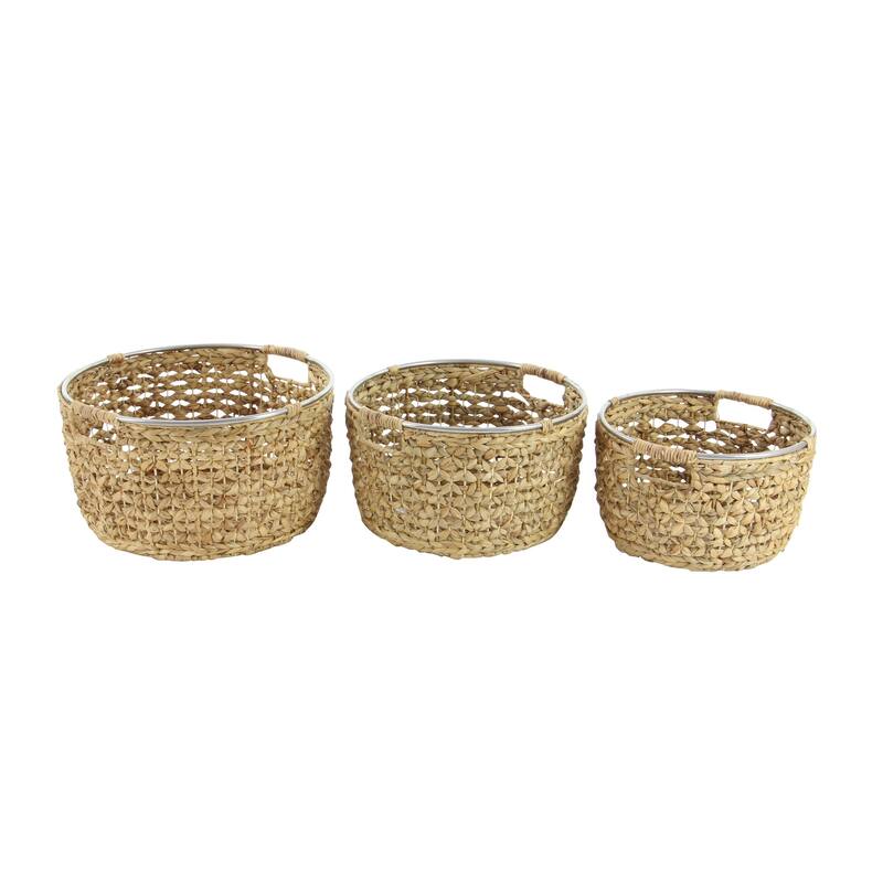 Light Brown Seagrass Handmade Decorative and Functional Storage Basket with Metal Handles (Set of 3)