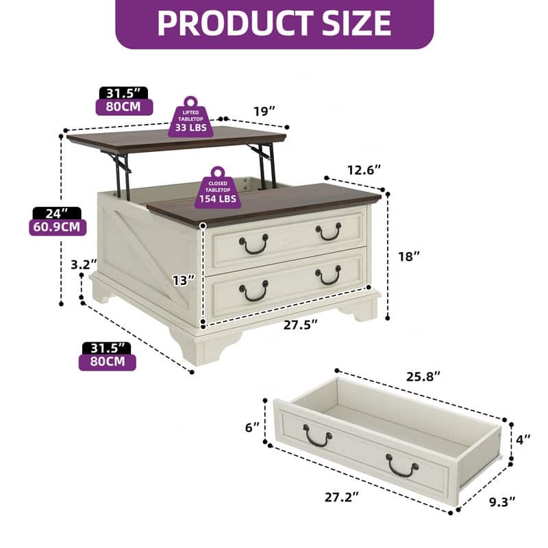Moasis Farmhouse Lift Top Square Coffee Table with Storage