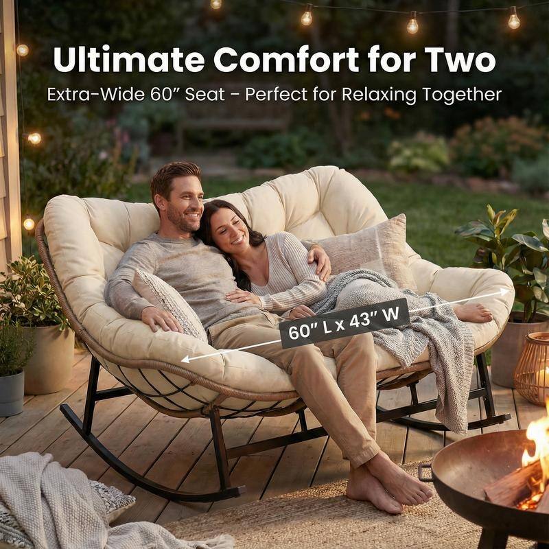 FINCATI Oversized Double Rocking Chair Outdoor Indoor, 40" D x 58" W Double Papasan Rocking Chair with Padded Cushion
