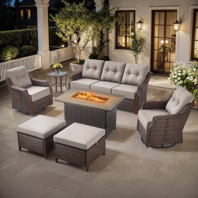 Gymojoy Wicker Patio Furniture Sofa Set with Fire Pit Table, 6-Inch Ultra Thick Cushioned 360° Swivel Glider Chairs - Brown Wicker / Beige Cusion - 7-Piece with Ottomans