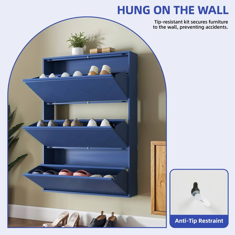 Moasis 3-Drawer Flip-Down Shoe Storage Cabinet, Wall-Mounted Metal Organizer