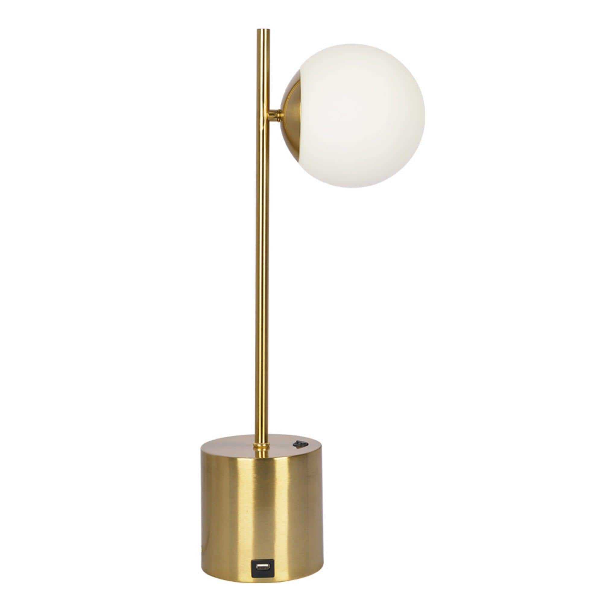 Modern Small Brass Metal Table Lamp with White Glass Globe Shade, Elegant Desk Lamp Fixture for Living Room, Office Reading