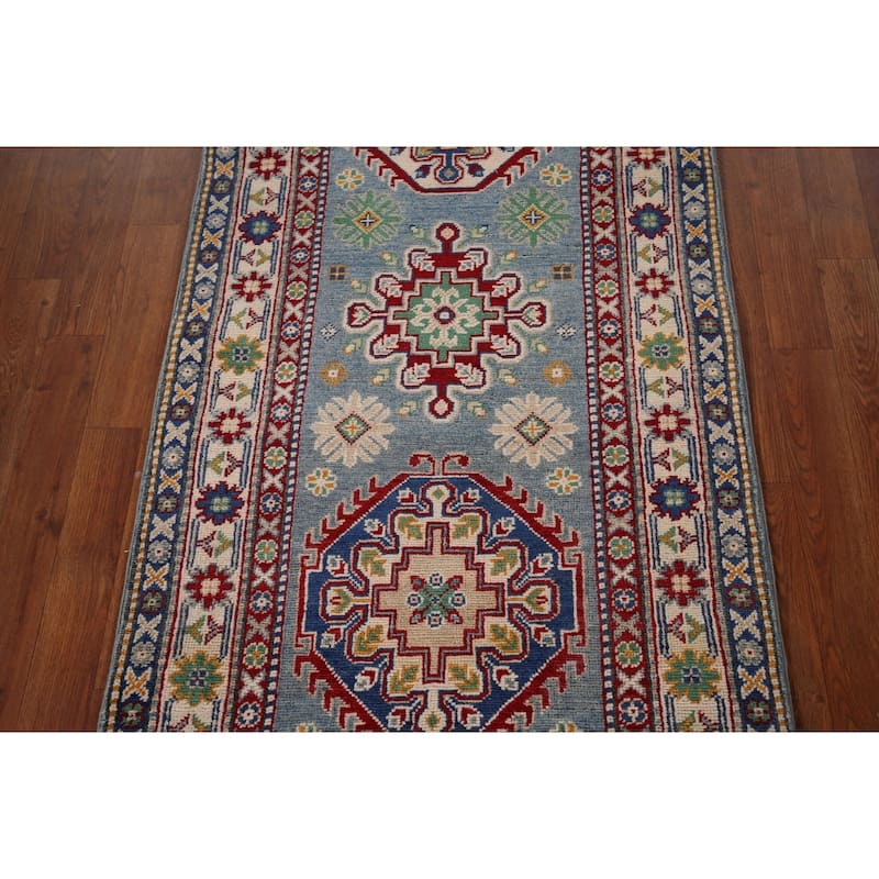 Light Blue Kazak Oriental Runner Rug Handmade Geometric Wool Carpet - 2'7" x 12'7"