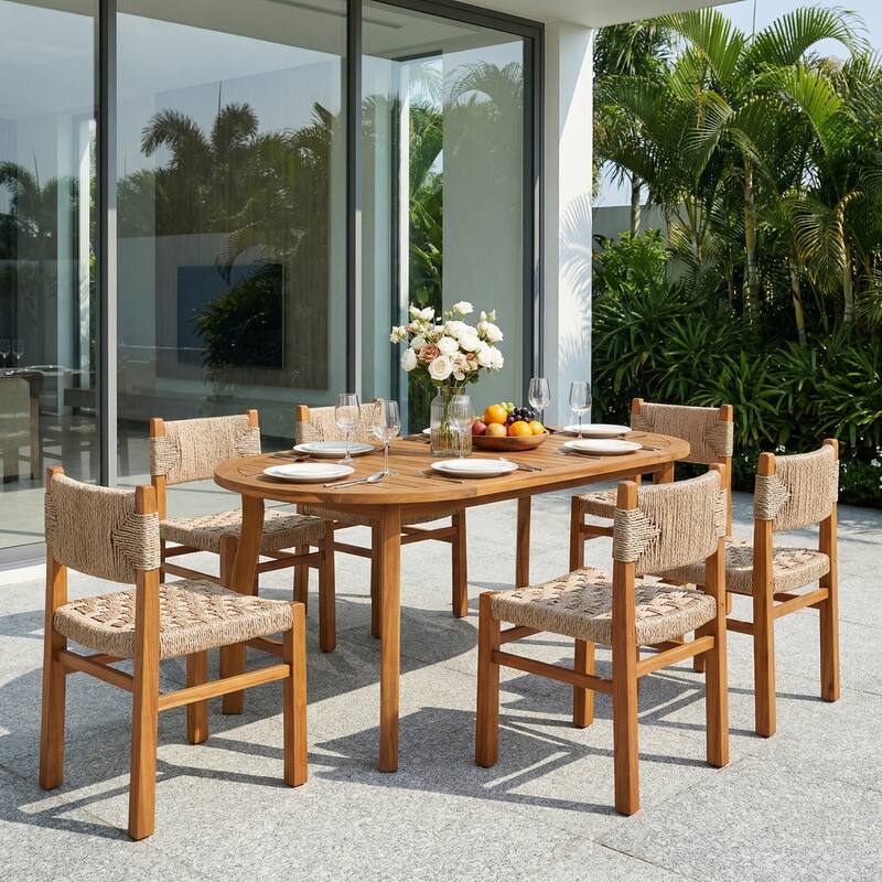 Christopher Knight Home - Tsuneko 7-Piece Outdoor Acacia Wood Dining Set with Woven Wicker Chairs & 70" Oval Dining Table - Light Brown+Teak Finish