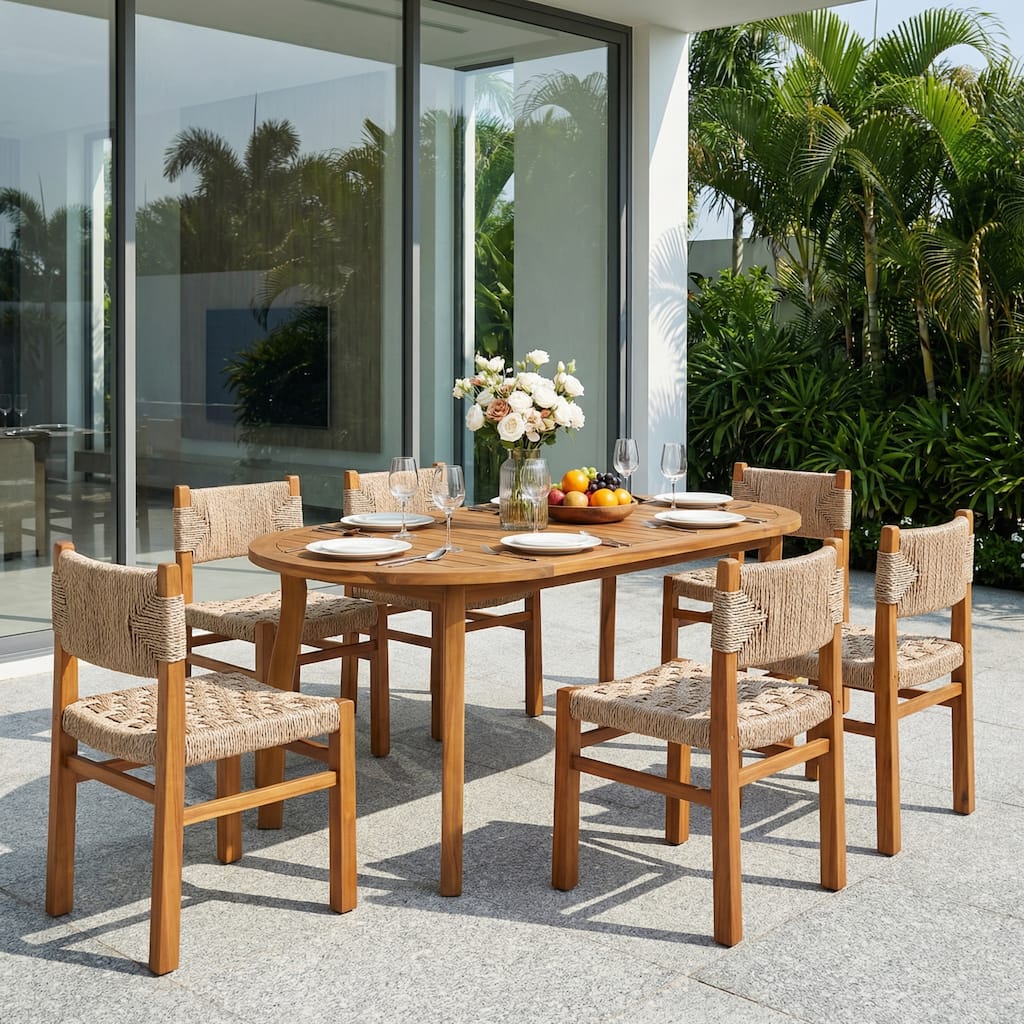 Christopher Knight Home - Tsuneko 7-Piece Outdoor Acacia Wood Dining Set with Woven Wicker Chairs & 70" Oval Dining Table