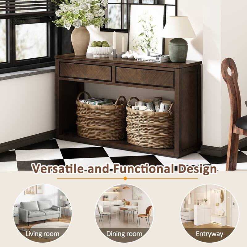 55" Rustic Wooden Entryway Console Table with Storage Drawers & Open Shelf
