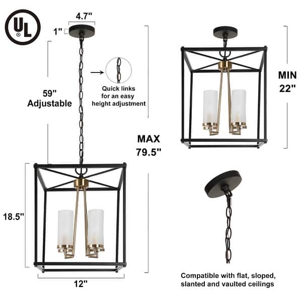 Modern Large 12'' Lantern Pendant 4-light Glass Boxy Elecplated Brass Ceiling Light for Dining Room