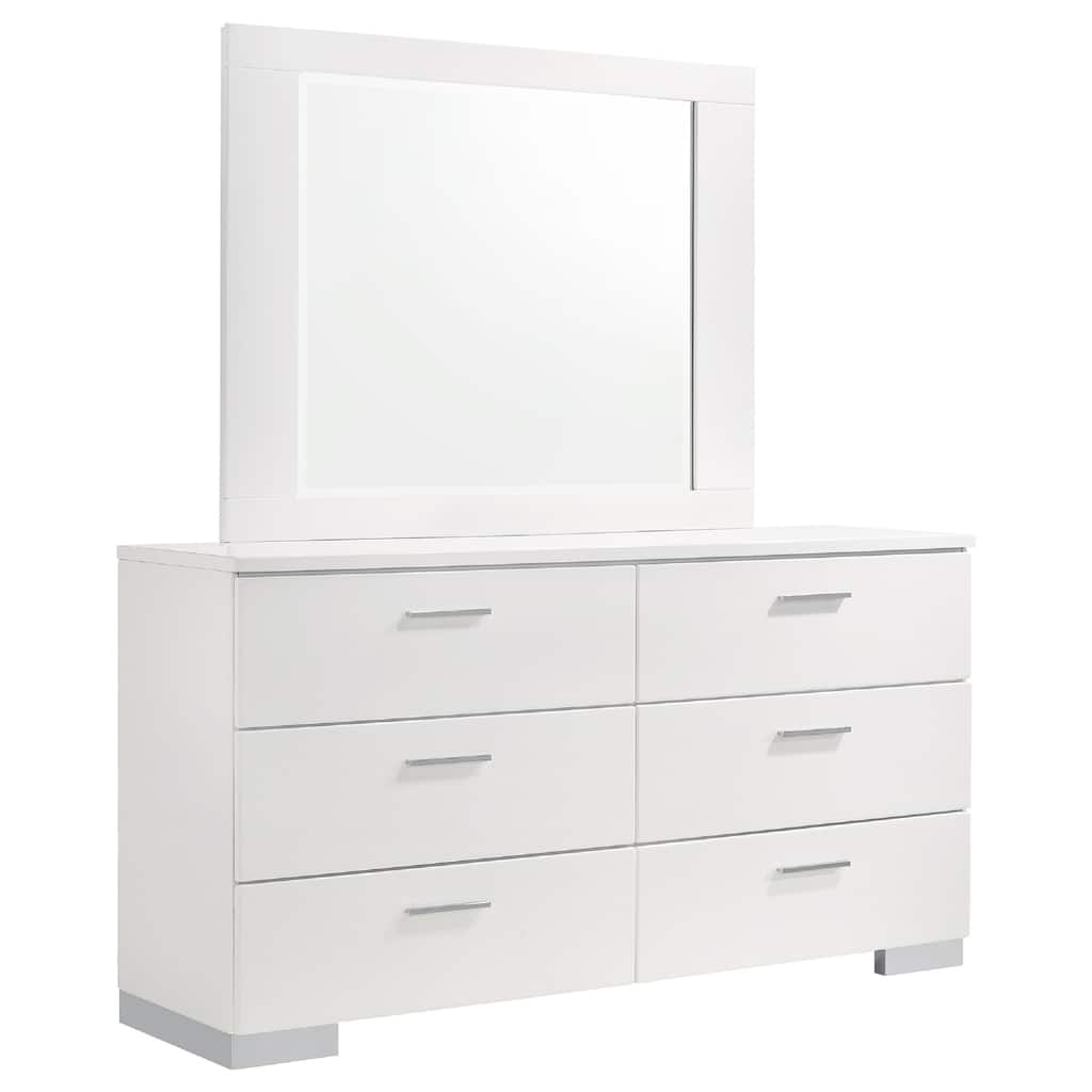 Sok Wide Dresser with Mirror, 6 Drawers, White High Gloss Finish, Wood