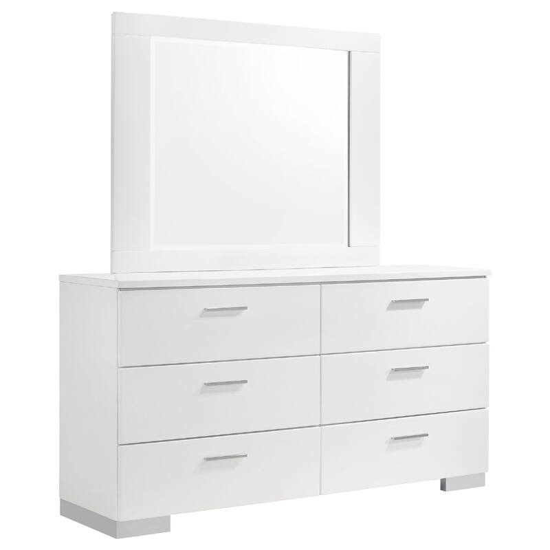 Sok Wide Dresser with Mirror, 6 Drawers, White High Gloss Finish, Wood
