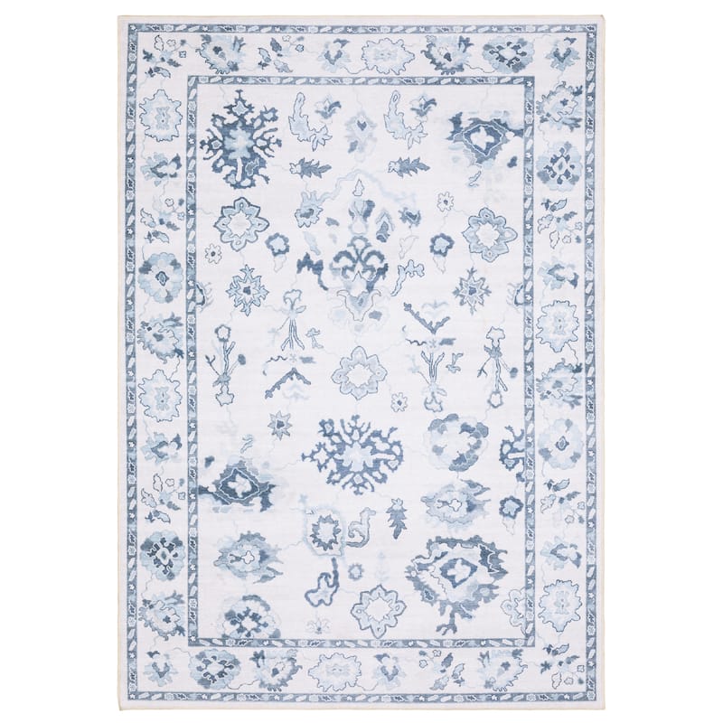 Ainsley Vintage Traditional Ivory/ Blue Printed Washable Flat Pile Area Rug - 5' x 7'