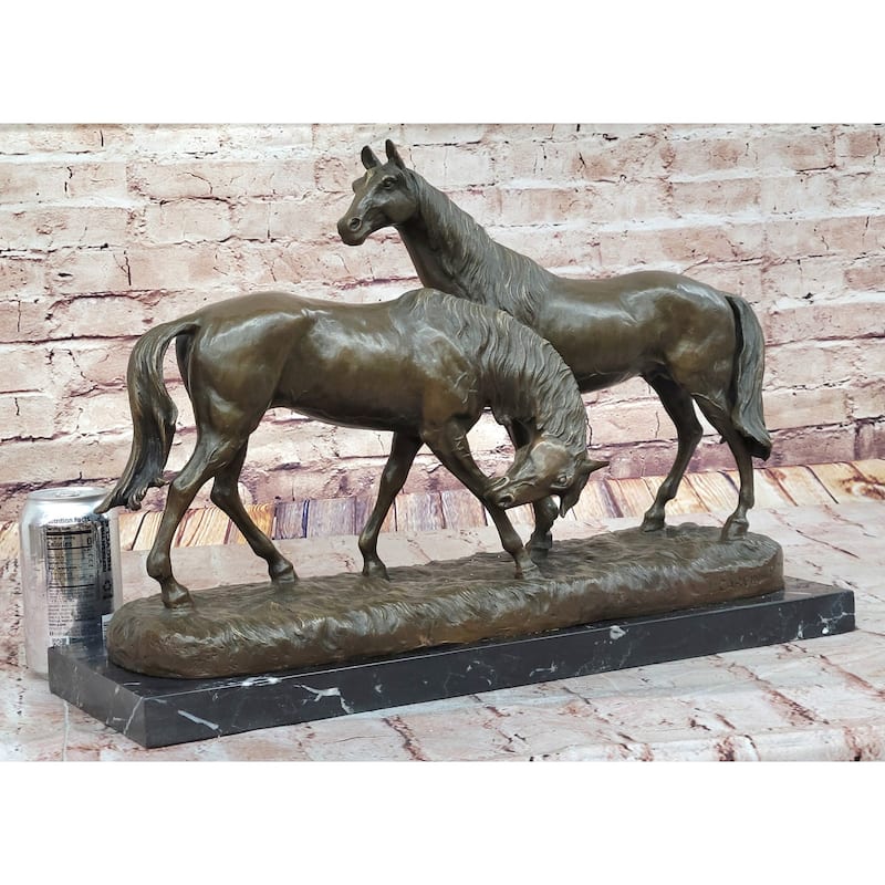 Necking Imitative Horses Equestrian Imitative Horse Lover Bronze Sculpture Statue Art Figure Marble Base