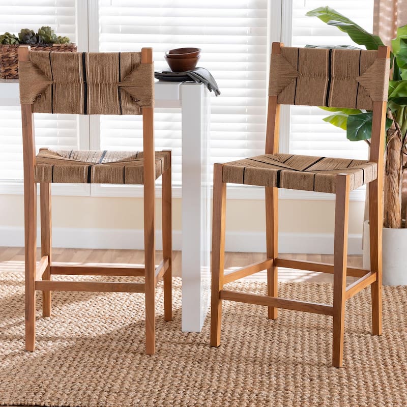 Prita Bohemian Paper Loom and Mahogany Wood 2-Piece Bar Stool Set