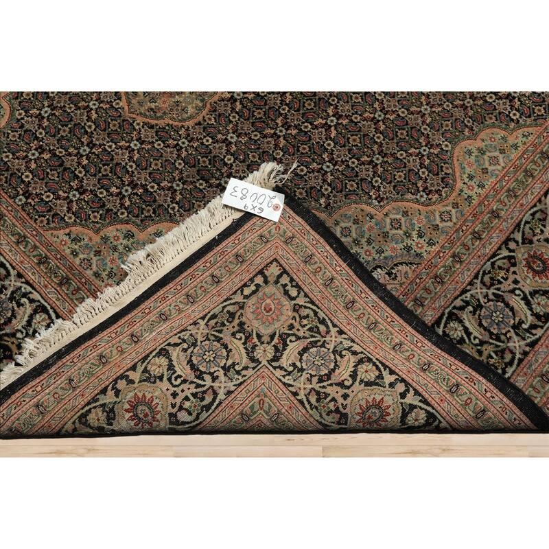 6x9 Hand Knotted Wool & Silk Black 300 KPSI Mahi Taabriz Vintage Rug - 6' x 9'