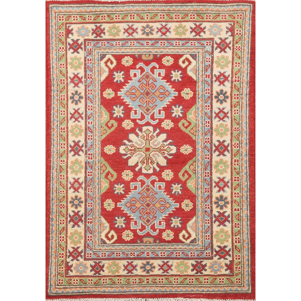 Kazak Accent Rug Hand-Knotted Geometric Wool Carpet - 2'8" x 4'0"