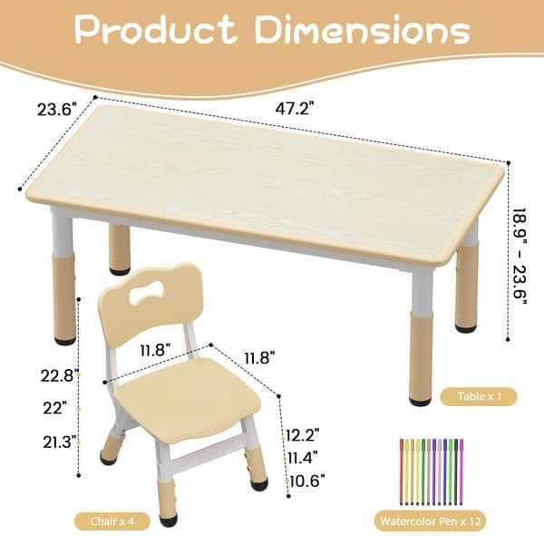 dimension image slide 0 of 4, Kids Table and Chair Set, Height Adjustable Toddler Table and 4 Chairs Set for Ages 2-10