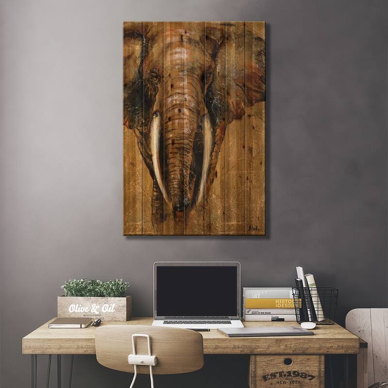 Gold Elephant Print On Wood by Patricia Pinto - Multi-Color