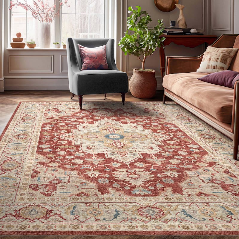 Well Woven Apollo Summit Medallion Orinetal Low Pile Easy Clean Rug - 7'7" x 9'10" - Red Beige