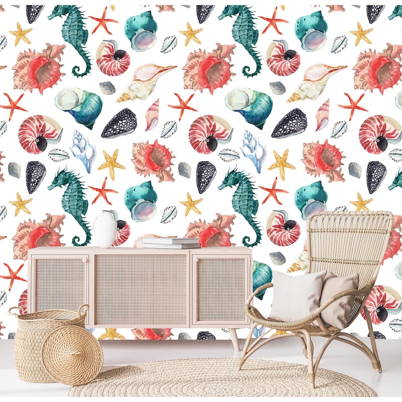 Seahorse and Starfish vinyl Removable wallppaer - 24'' inch x 10'ft