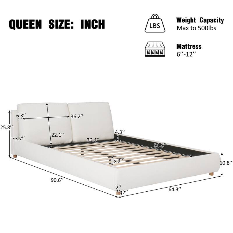 Queen Size Upholstered Platform Bed with Two Removable Pillow Headboard