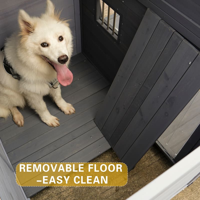 Outdoor Removable Wooden Dog House with Patio, Weatherproof, Cleaning Mat, Feeding Bowl, Suitable for Medium and Large Dogs