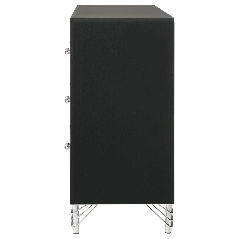 Jenny Wide Dresser, 6 Drawers and Chrome Accents, Modern Black Tone