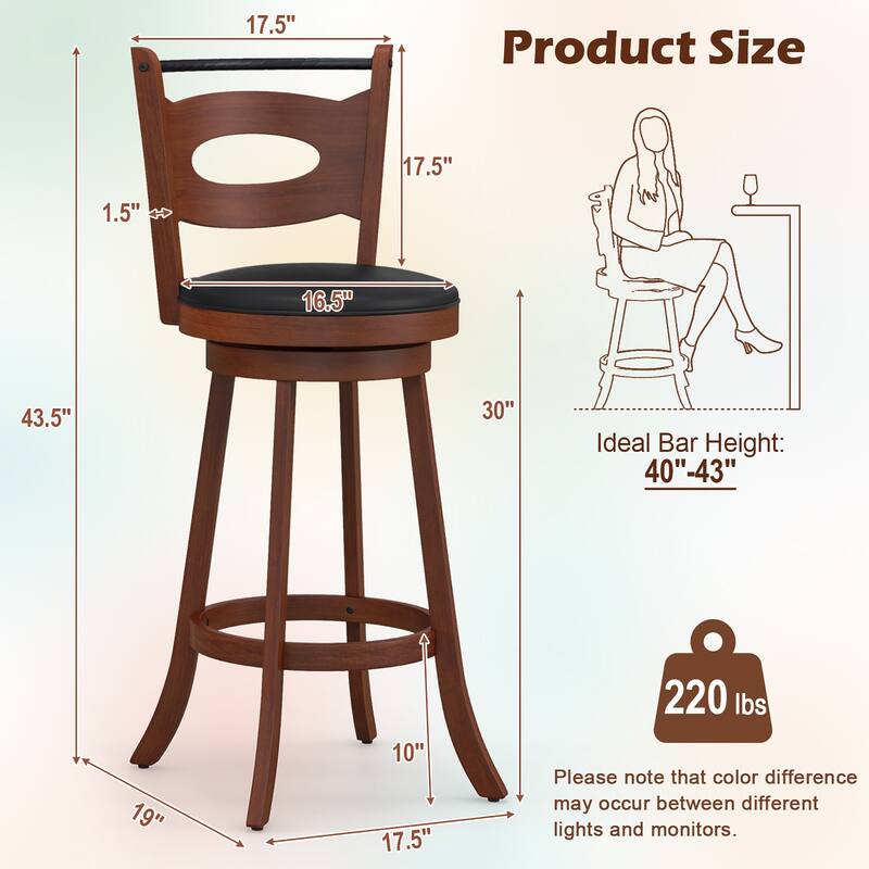 Costway Set of 2 Bar Stools Swivel Dining Chairs Solid Rubber Wood