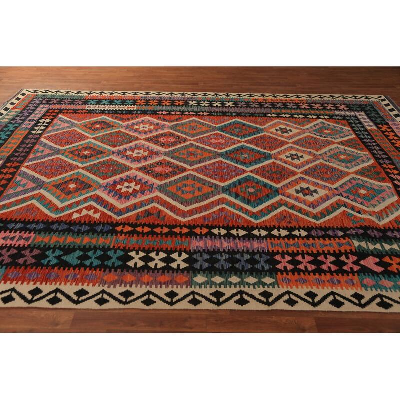 Orange Kilim Oriental Area Rug Hand-Woven Tribal Wool Carpet - 8'5"x 11'5"