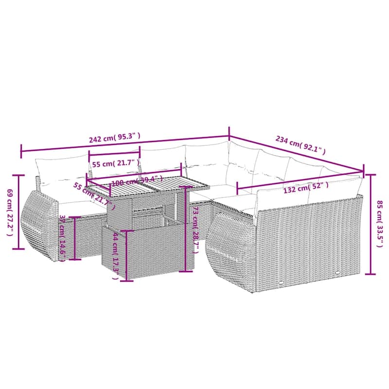 vidaXL Patio Sofa Set with Cushions Table and Lounge Sofas 9 Piece Poly Rattan - 21.7 x 39.4 x 28.7