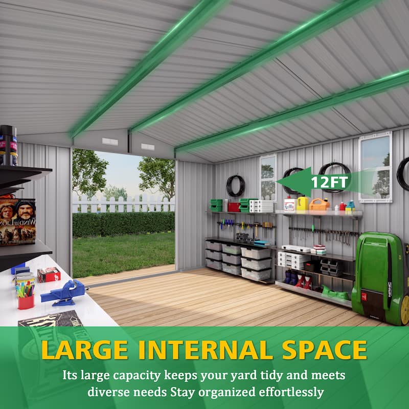 10x12FT Outdoor Storage Shed Large Metal Garden Shed with Double Door Two Window Waterproof Tool Shed for Backyard Poolside