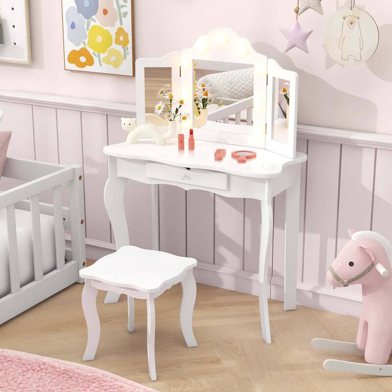2 PCS Makeup Kids Vanity Set White Vanity Table & Stool