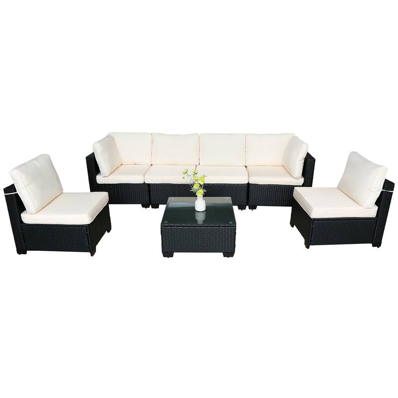 7-Piece Modular Outdoor Rattan Sofa Set, Modern Rattan Sectional with Cushions and Tempered Glass Table
