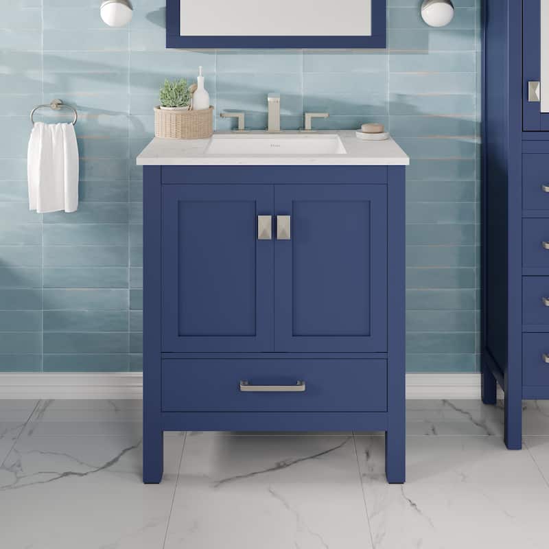Eviva Aberdeen 24"W x 22"D Blue Bathroom Vanity with Carrara Quartz Countertop and Undermount Porcelain Sink