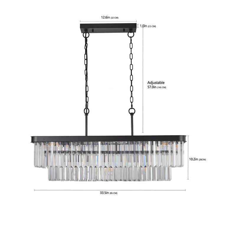 Adjustable Rectangular Crystal Chandelier - E12 Modern Industrial Farmhouse Ceiling Light with Iron Frame (Bulbs Not Included)