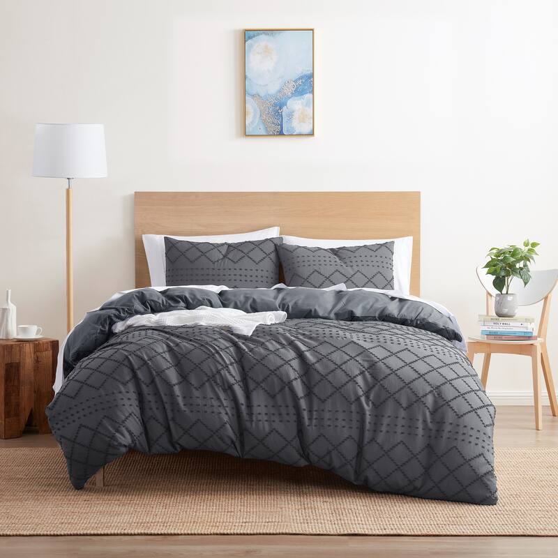 Nestl Boho Tufted Embroidery Double Brushed Duvet Cover with Button Closure - Gray - Dots & Diamonds - Queen