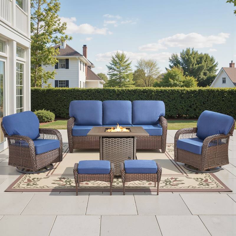 Pocassy Patio Outdoor Fire Table with Sofa Swivel Chair Funiture Set. - Brown Wicker Blue Cushion - 6-Piece Sofa Swivel Chair Ottoman w/ Fie Table