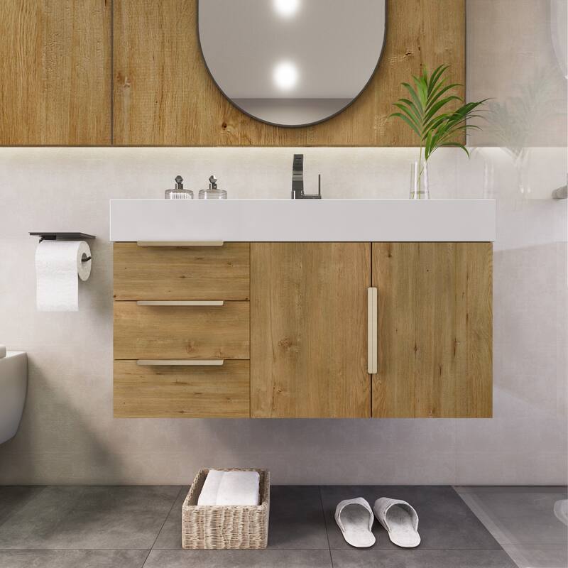Noble 36" Wall Mounting Vanity (L Drawer) with Reinforced Acrylic Sink - 36" Width - Wood Finish - Oak