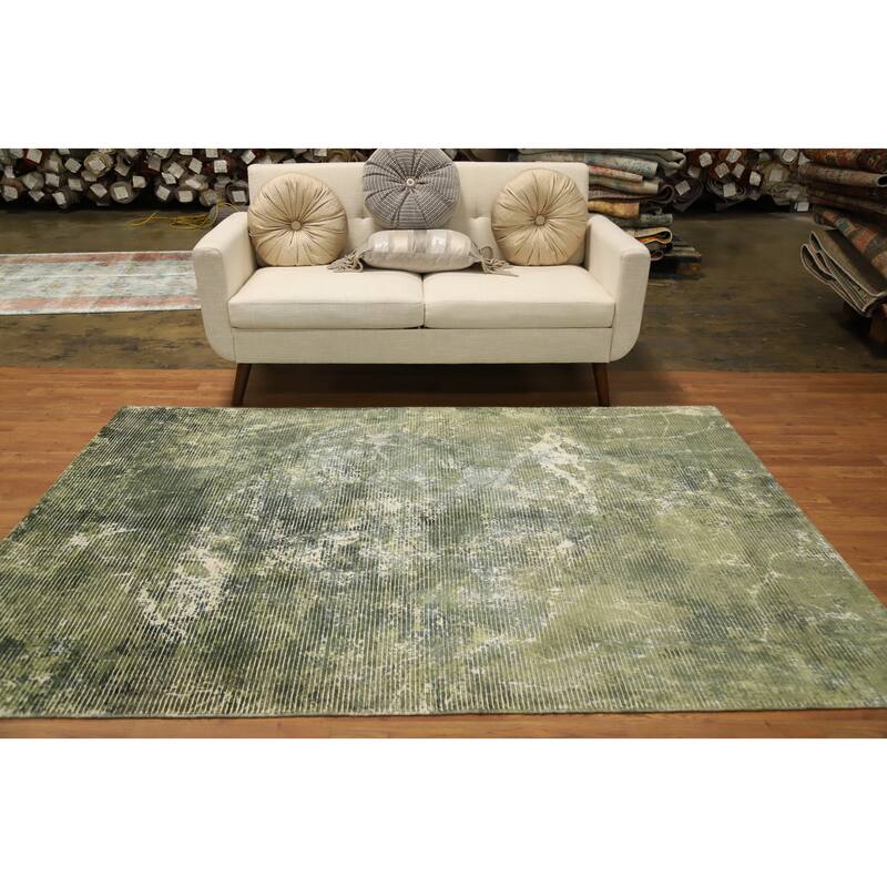 Hand Knotted Oriental Viscose Silk Carpet Modern Abstract Green Abstract Area Rug - 7' 7'' X 5' 4''