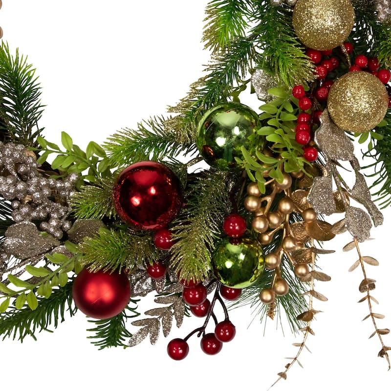 Glittered Ornaments and Berries Christmas Wreath - 24" - Green and Gold