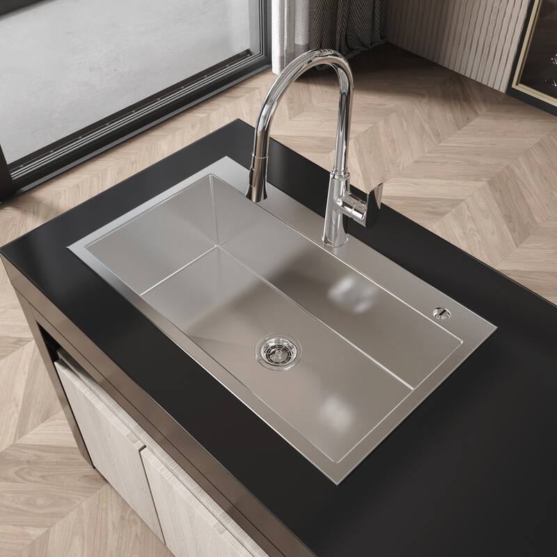 Dark Gray 32 Inch Single Bowl Overmount Kitchen Sink 304 Stainless Steel Brushed Satin Finish with Lift and Turn Drain