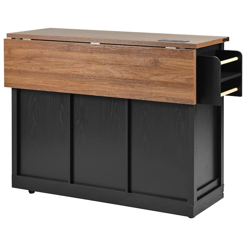 Black Kitchen Island on Wheels with Power Outlet and Sliding Barn Door