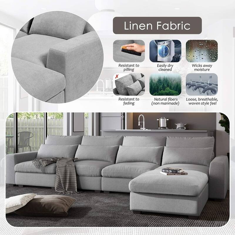 Modern Linen Upholstered Large Modular Sectional Sofa, L-Shape Couvertible Sofa Couch with Reversible Chaise for Living Room
