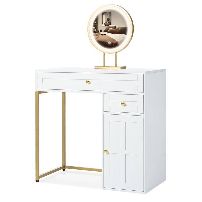 31.5''Makeup Vanity Desk With Mirror,Luxury Dressing Table With 2 Drawers And 1 Cabinet,3 Lighting Modes