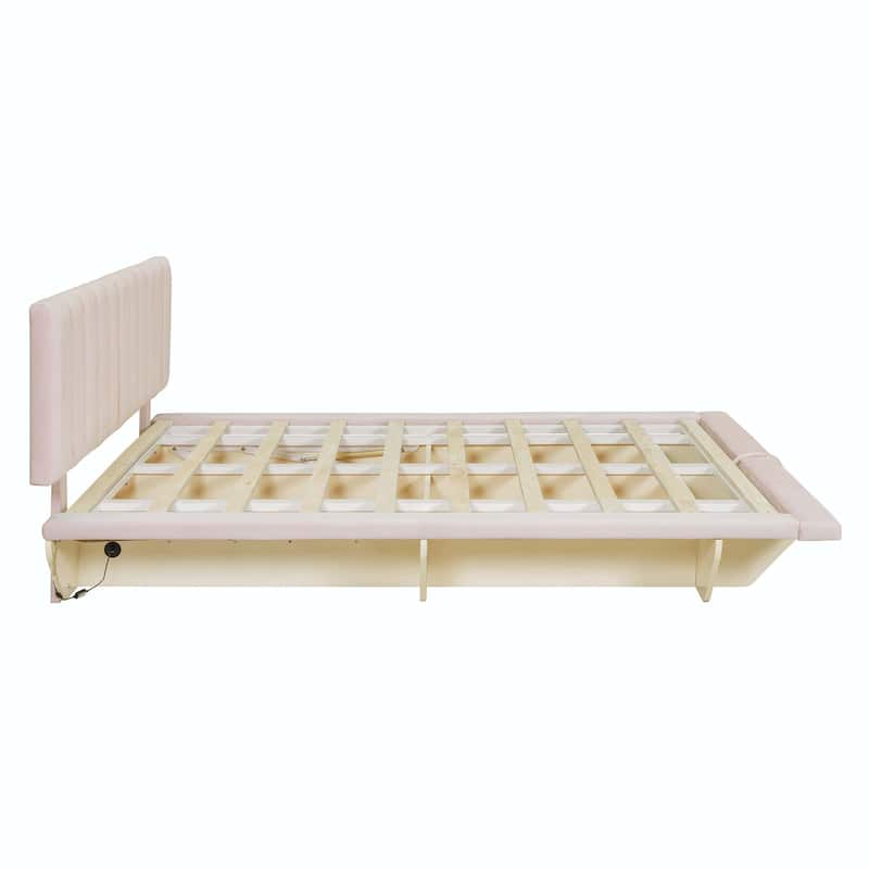 Queen Size Upholstered Floating Bed with LED Light and USB Port