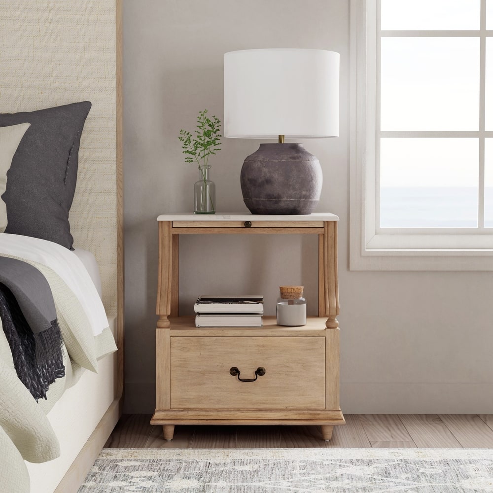 Mabel Genuine Marble and Wood 1-Drawer Nightstand