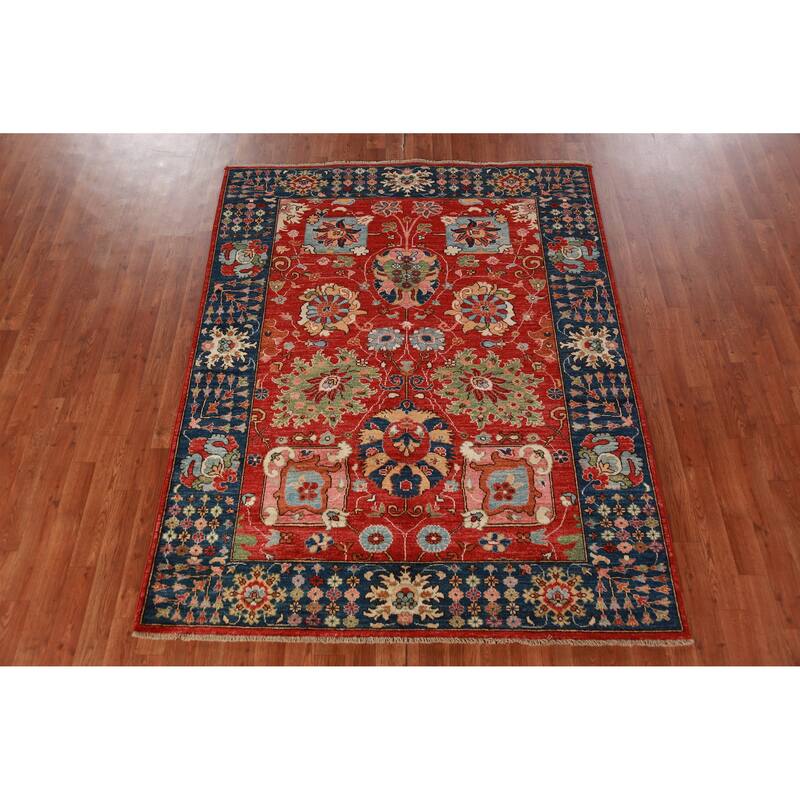 Vegetable Dye Floral Red Ziegler Oriental Rug Hand-Knotted Wool Carpet - 5'1"x 6'7"