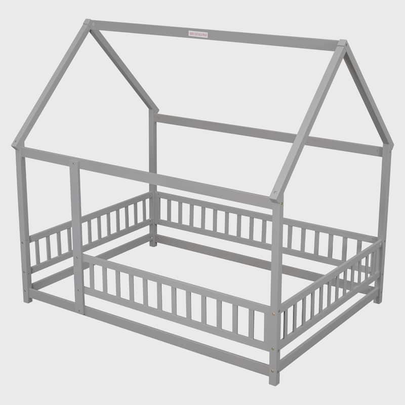 Full Size Floor Wooden Bed with House Roof Frame