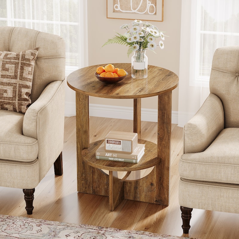 2-Tier Round End Table with Storage, Brown - 1-Piece
