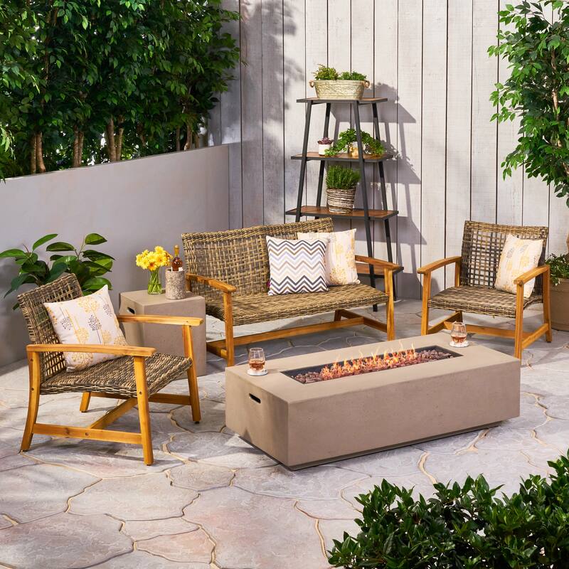 Augusta Outdoor Acacia Wood and Wicker 4 Seater Chat Set with Fire Pit by Christopher Knight Home