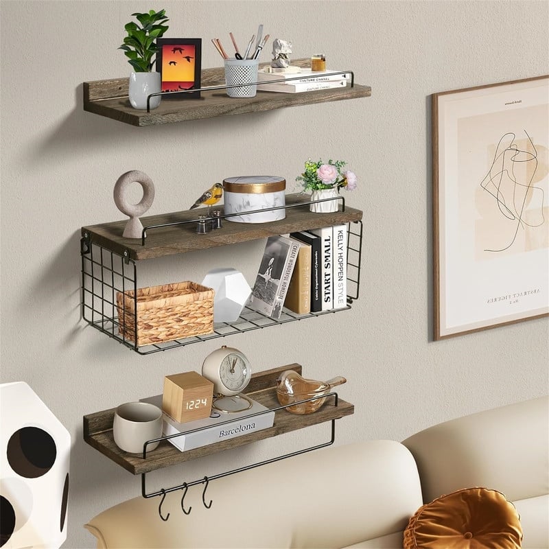 Bathroom Floating Shelves with Wire Basket - 5.9"D x 15.5"W x 0.59"H
